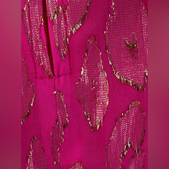 LILLY PULITZER Hot Pink Metallic Foil Wrap Dress Ruffle Hem Cocktail Dress - Picture 6 of 17